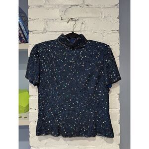 Emma Black‎ M Silk Beaded Top Evening Elegant Vintage Sequins Short Sleeve